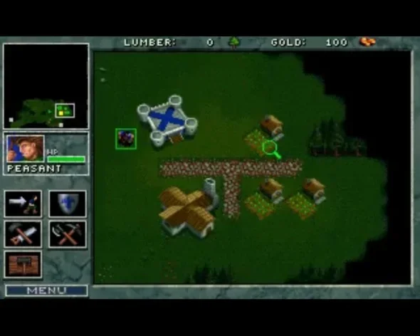 Warcraft-1-fog-of-war Screen capture of Warcraft 1 game play showing fog of war